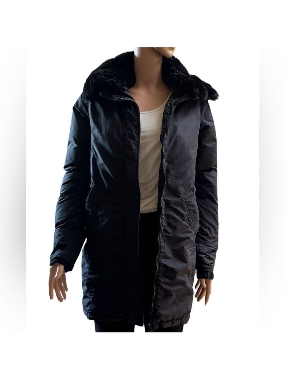 Duvetica Black Long Puffer Coat with detachable rabbit fur collar 42-Small